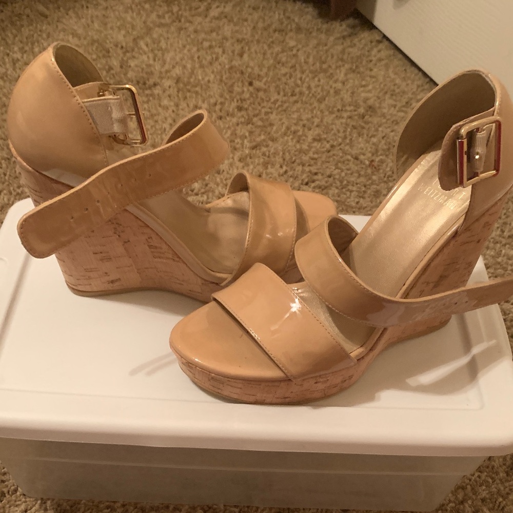 Stuart Weitzman Nude Patent Wedge Sandals
